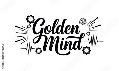 Golden Mind. lettering and all elements in black. Vector style. AWhite background. Pure white background. Perfect isolation and visual consistency. Elegant