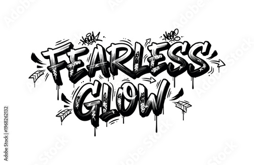Fearless Glow. lettering and all elements in black. Vector style. AWhite background. Pure white background. Perfect isolation and visual consistency. Dynamic