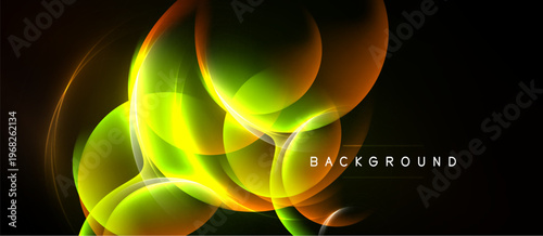 Abstract design features vibrant glowing orbs, curves, lines on black background. Modern digital illustration.