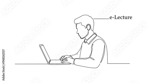 E-Lecture Viewing. Minimalistic one-line drawing individual focusing on video lesson on laptop, continuous single black line on white background, simple