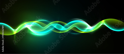 Bright wavy lines span image. Green, teal, yellow hues contrast dark background. Smooth curves create dynamic visual effect.