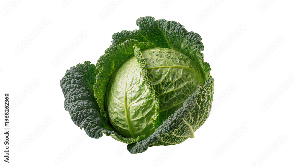 Fototapeta premium Savoy cabbage head with tightly packed deeply textured green leaves, isolated on transparent background for healthy eating concepts