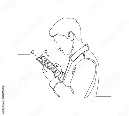 Browsing Apps. Minimalistic one-line drawing individual scrolling on mobile device with social media interface, continuous single black line on white