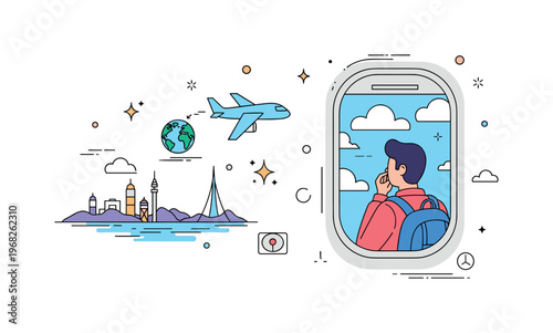 Travel airplane journey scene where a traveler looks out a window with clouds and distant landmarks while tiny sparkle and star icons highlight global travel,