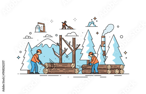 Siberia logging industry concept where workers cut timber in snowy forests while tiny sparkle and line icons emphasize labor, forestry, and economic activity.