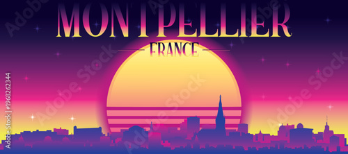 Purple generic retro futuristic synthwave panoramic poster of the city skyline with misty background sunset buildings of MONTPELLIER, FRANCE