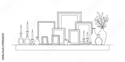 Home Mantel Decor. Minimalistic one-line drawing decorative items including frames, candles, and vases on mantel, continuous single black line on white