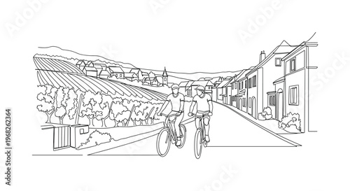 European Village Cycling. Minimalistic one-line drawing couple pedaling through vineyard-lined streets and cottages, continuous single black line on white