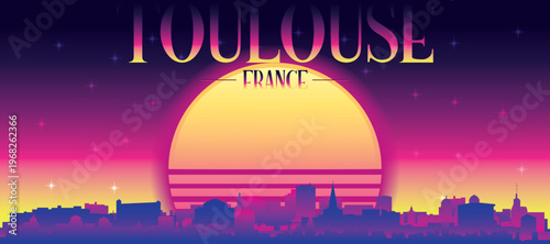 Purple generic retro futuristic synthwave panoramic poster of the city skyline with misty background sunset buildings of TOULOUSE, FRANCE