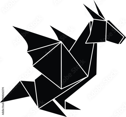 Silhouette origami dragon folded paper animal fantasy creature vector illustration