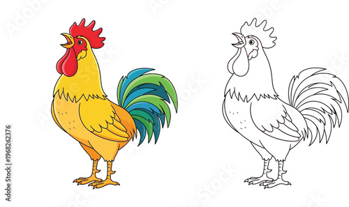 Cartoon Rooster Crowing and Coloring Page Outline Vector Illustration for Kids Education, Farm Animal Character Design, and Children's Activity Book