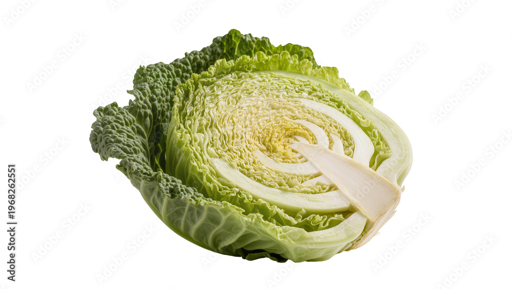 Fototapeta premium Fresh Savoy cabbage head tightly curled green leaves with ruffled edges, isolated on transparent background for healthy recipes and food ads