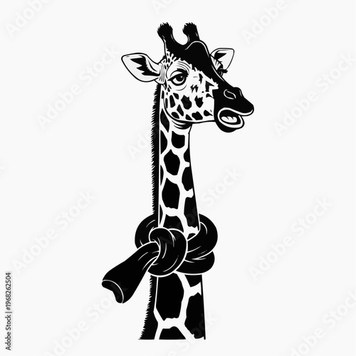 Black and white giraffe head with knotted neck illustration