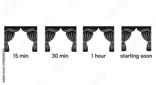 Vector graphic illustration featuring four elegant stage curtains with different countdown timers and a 'starting soon' message.