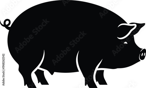 Silhouette pig farm animal side view realistic character vector illustration