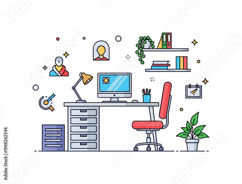 Room home office setup scene where a desk, computer, and chair are organized while small sparkle and line icons emphasize productivity, focus, and ergonomic