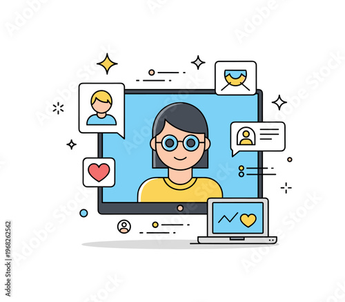 Digital avatars virtual world concept where a person?s customized avatar is displayed on a screen while small sparkle and line icons emphasize identity,