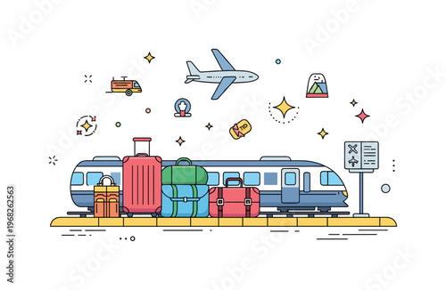 Travel train journey scene where luggage and travel essentials sit beside a train platform while small sparkle and line icons emphasize transportation,