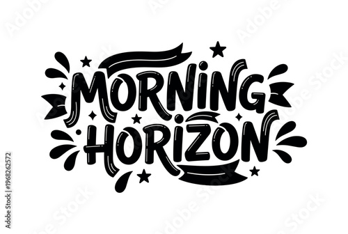 Morning Horizon. lettering and all elements in black. Vector style. AWhite background. Pure white background. Perfect isolation and visual consistency. Funky