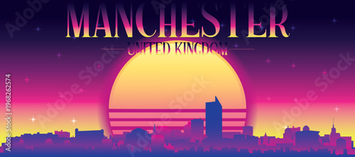 Purple generic retro futuristic synthwave panoramic poster of the city skyline with misty background sunset buildings of MANCHESTER, UNITED KINGDOM