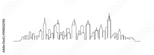 Urban Landscape. Minimalistic one-line drawing city skyline with varying building heights, continuous single black line on white background, simple outline