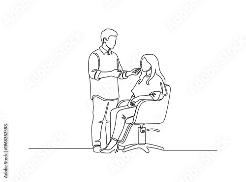Hair Consultation Scene. Minimalistic one-line drawing stylist and client in chair discussing hair style, continuous single black line on white background,