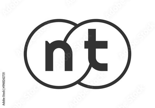 NT business company emblem with outline rounds and letters n t. Logo template of two merged circles for brand identity, logotype. Vector Infinity symbol