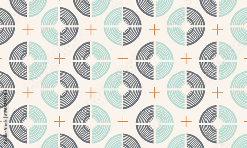 Seamless abstract retro circle geometric pattern, minimal teal and grey disk background