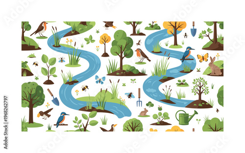 restored ecosystem icons seamless pattern, repeating pattern, surface design, textile print, modern illustration of saplings, trees, rivers, wetlands, birds,