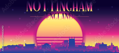 Purple generic retro futuristic synthwave panoramic poster of the city skyline with misty background sunset buildings of NOTTINHGAM, UNITED KINGDOM