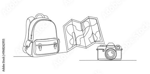 Road Trip Essentials. Minimalistic one-line drawing backpack, map, and camera prepared for travel, continuous single black line on white background, simple