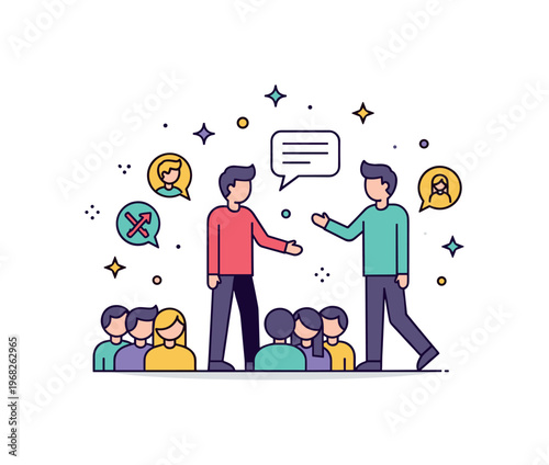 Emotional risks social interaction concept where a shy person approaches a group while tiny sparkle and star icons highlight anxiety, courage, and personal