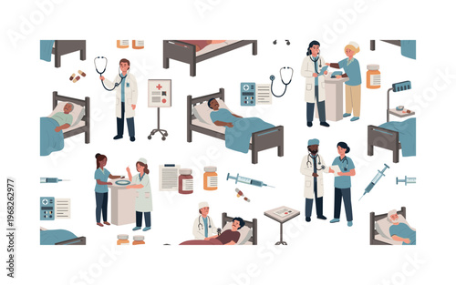 hospital patterns seamless pattern, repeating pattern, surface design, textile print, modern illustration of patients in beds, doctors examining, nurses
