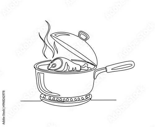 Braising Pot. Minimalistic one-line drawing meat being braised in a covered pan, continuous single black line on white background, simple outline style, no