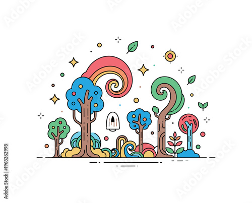 Psychedelic art psychedelic forest scene where swirling colorful trees and flora create a surreal environment while small sparkle and leaf icons emphasize