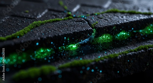 Glowing moss illuminates dark stone surface, close-up view.