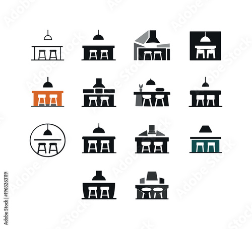 Kitchens and dining room designs. Icon set. Set Logo of Kitchens and dining room designs: kitchen island. harmonious logo variations of the same emblematic