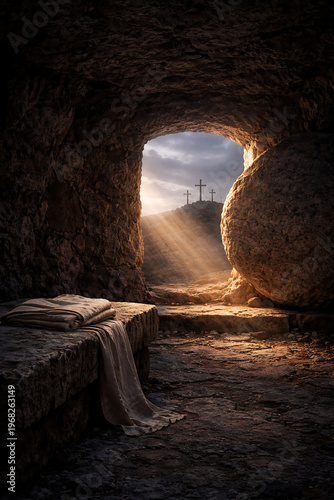 Empty tomb with burial cloths inside and three crosses on a hill in the background illustrating the resurrection of jesus christ after a good friday