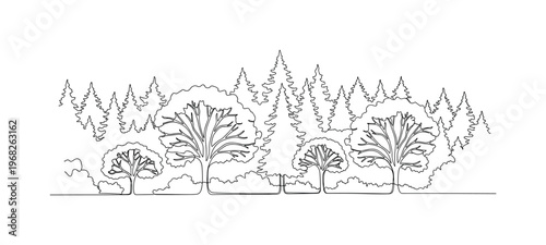 Night Forest. Minimalistic one-line drawing silhouette of trees with sparse moonlight, continuous single black line on white background, simple outline style,