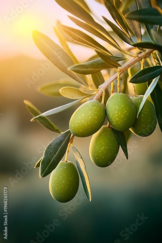 Lush Olive Branch Loaded with Young Green Olives Gleaming in Bright Golden Sunlight of Summer