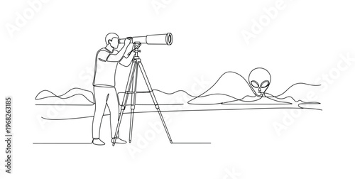 Ancient Life Search. Minimalistic one-line drawing human scanning alien landscape with telescope, continuous single black line on white background, simple