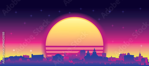 Purple generic retro futuristic synthwave panoramic poster of the city skyline with misty background sunset buildings of LIVERPOOL, UNITED KINGDOM