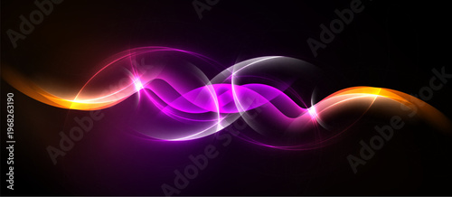 Bright abstract waves, purple, orange hues. Dynamic light effects create flowing energy, modern design. Dark background emphasizes luminosity.