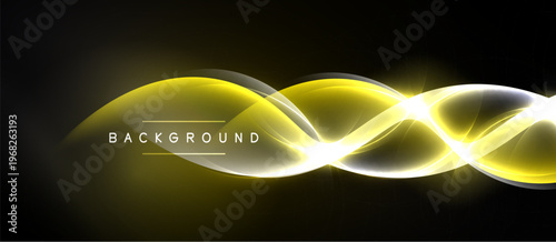 Bright yellow neon waves over black background. Dynamic light streaks create modern abstract design. Text reads background.