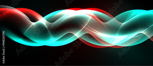 Abstract waves, vibrant colors, red, teal, white. Smooth curves create dynamic light effects against dark background. Modern design.