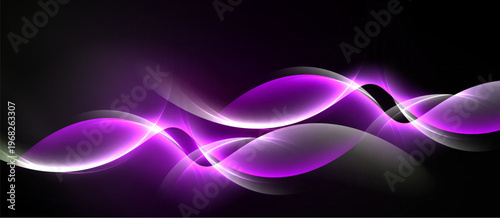 Abstract waves, vibrant purple glows, dark background. Smooth lines create dynamic energy, modern design element.
