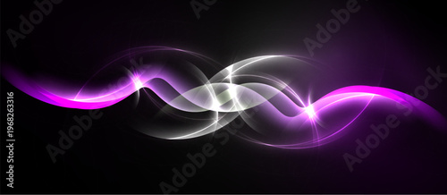 Abstract design features flowing pink, white lines against black background. Bright sparkles accentuate curves, creating dynamic visual effect.