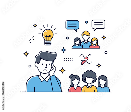 Emotional risks workplace scenario where a person hesitates to share ideas with colleagues while small sparkle and line icons emphasize courage, vulnerability,