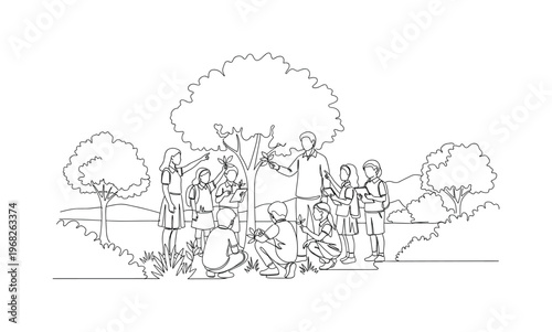 Outdoor Science Lesson. Minimalistic one-line drawing schoolchildren studying trees and plants with teacher, continuous single black line on white background,