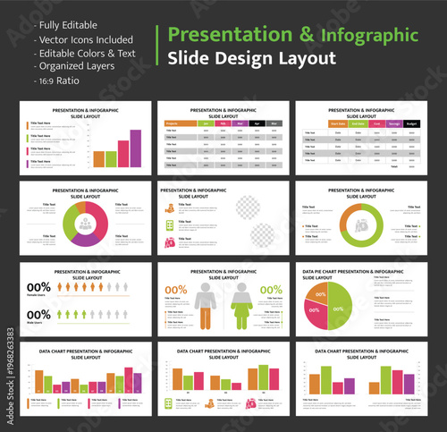Business infographic presentation layouts featuring diverse data visualizations